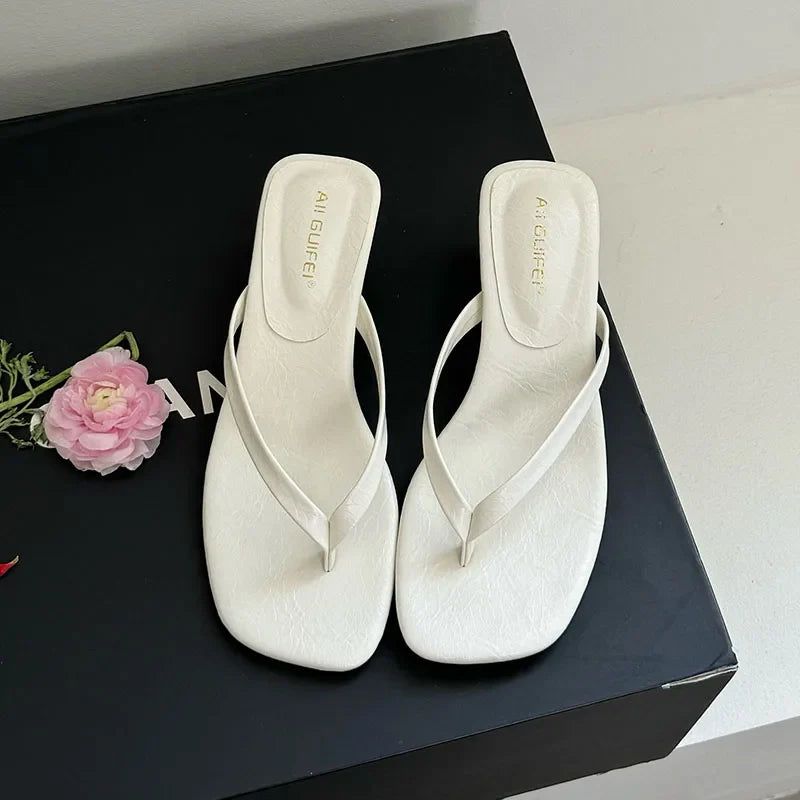 Square Toe 4CM Heels Slippers Slides Sandals Casual Flip flops Thin Heel Slippers